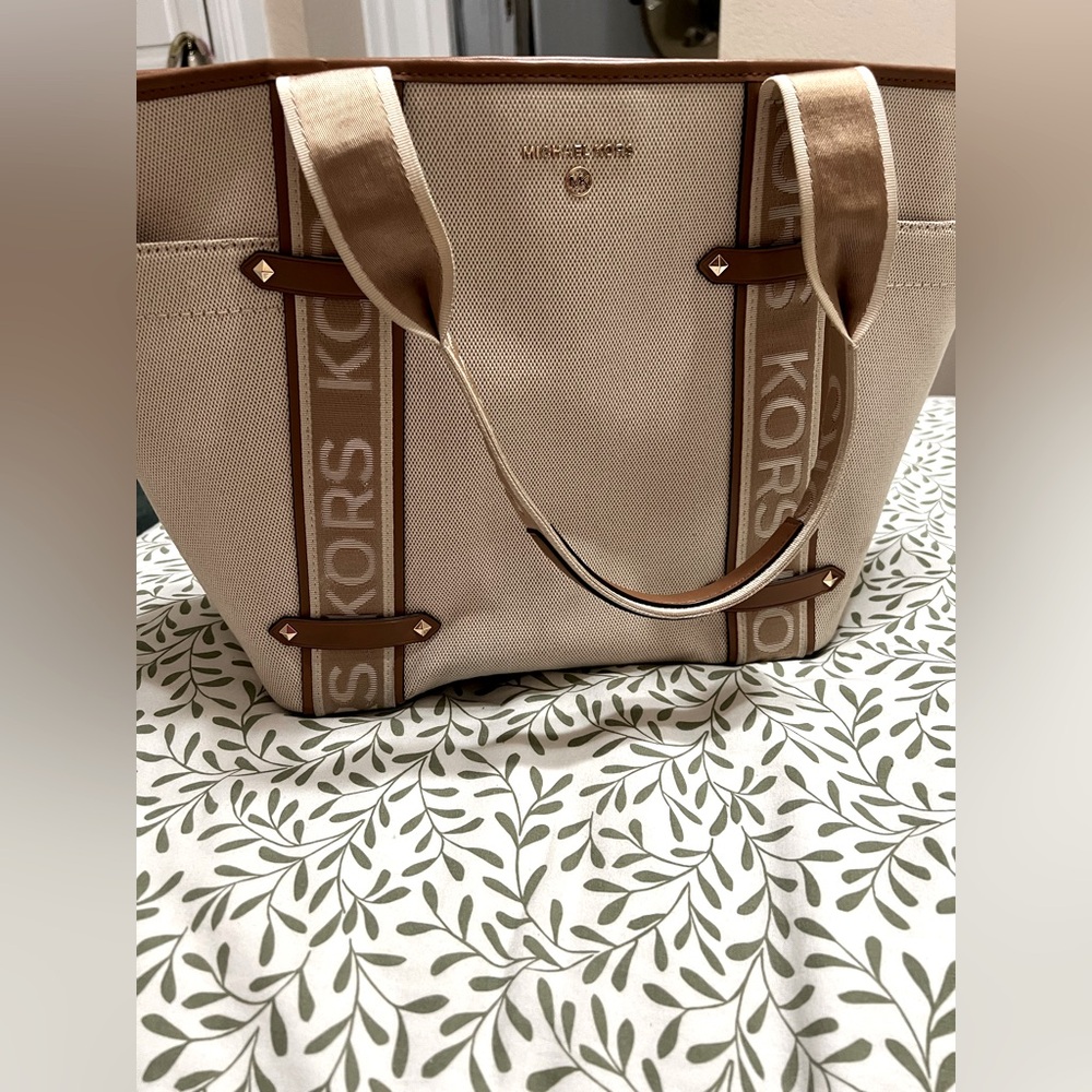 Michael Kors Tan and Brown Leather/Canvas Tote Bag